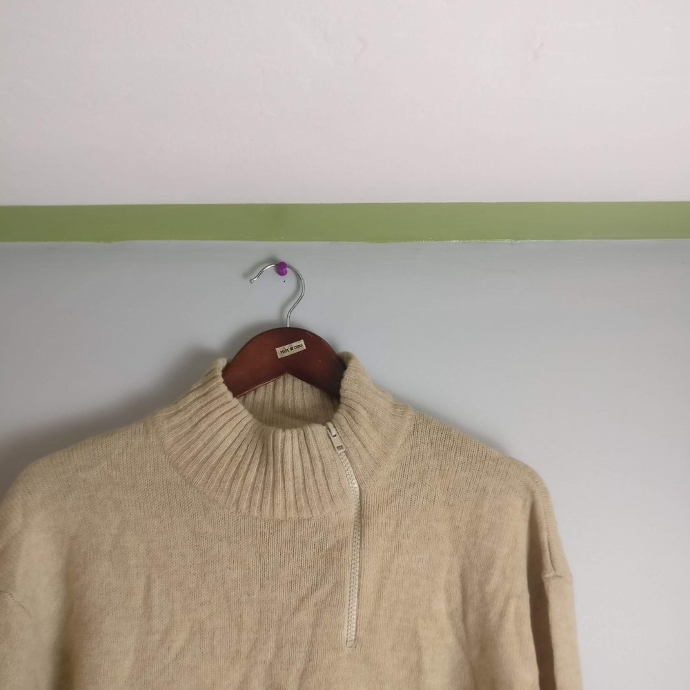 Neutral/Beige Wool Sweater, 100% Lambswool ribbed Knit Long sleeve Sweater, XL